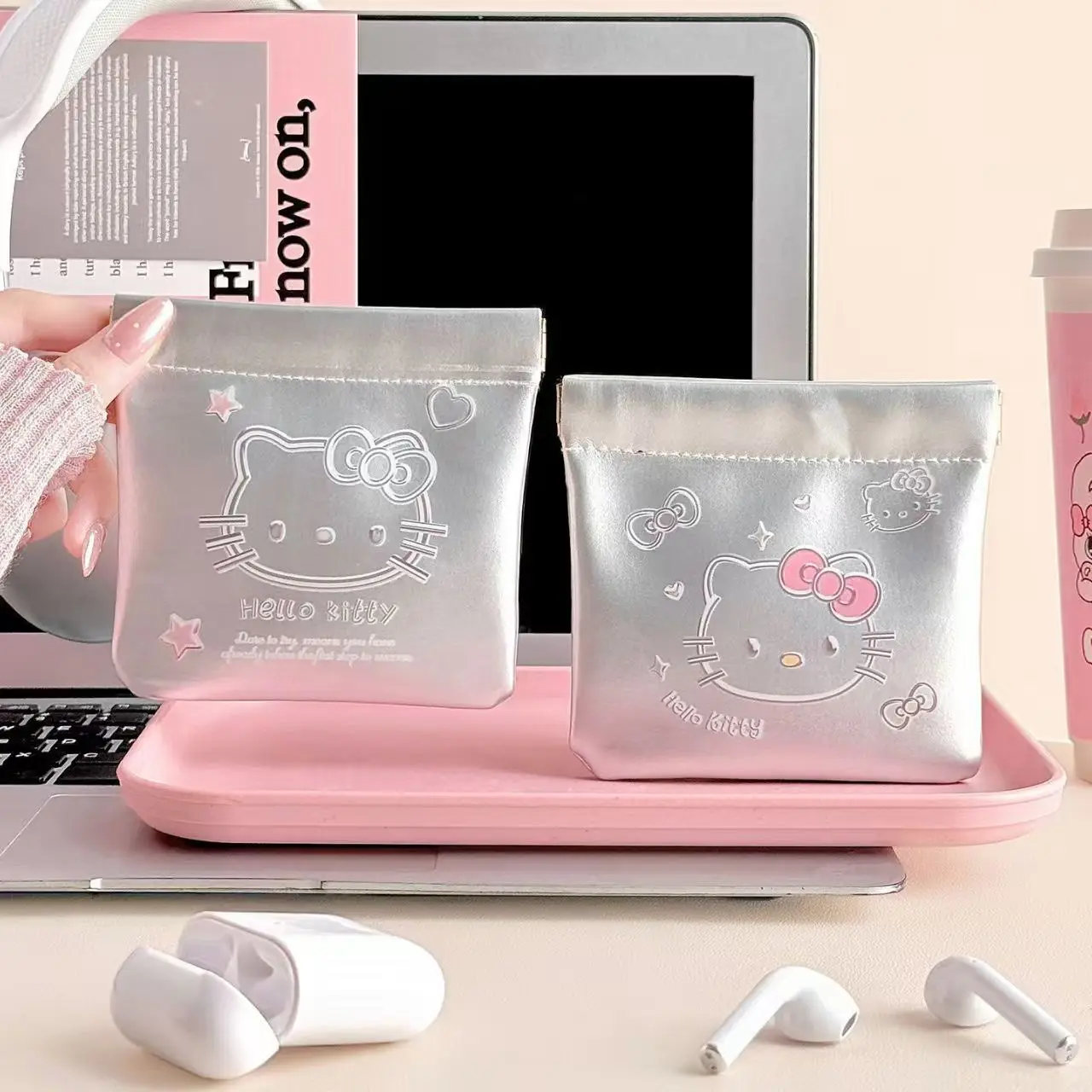 Sanrio hello kitty saco de armazenamento de cabo de dados de estilhaços de fechamento automático usb flash drive fone de ouvido carregador batom saco de maquiagem