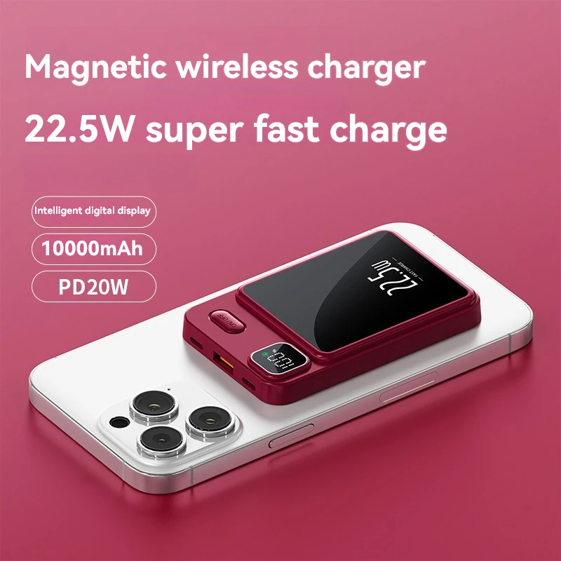 Portable Wireless Power Bank, Magnetic Qi Powerbank, Type C Fast Charger for iPhone 8-15, Mini, MaCsafe, 10000mAh, 22.5W