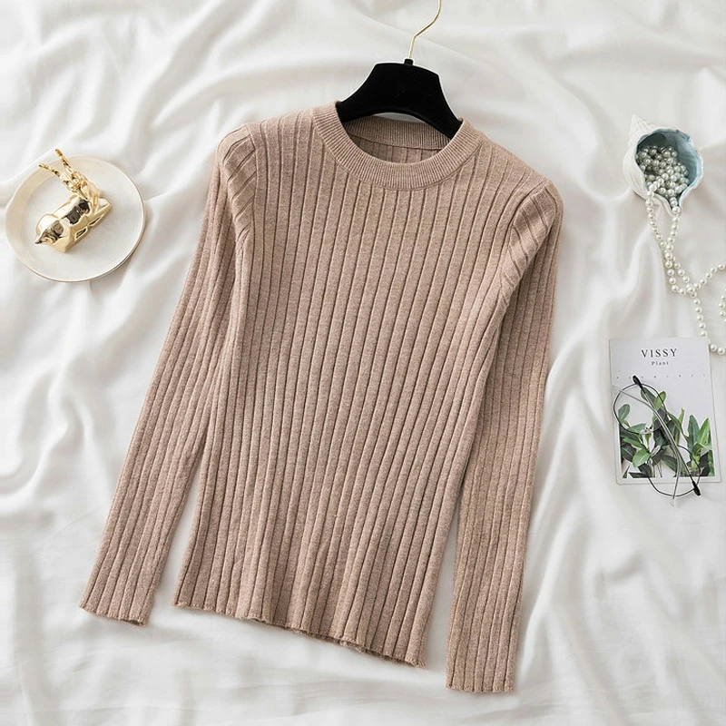 

2023 Autumn Winter Casual Pit-striped Pullover Sweater Round Neck Knitted Women Simple Jumper Slim Fit Long Sleeve Tops 28898