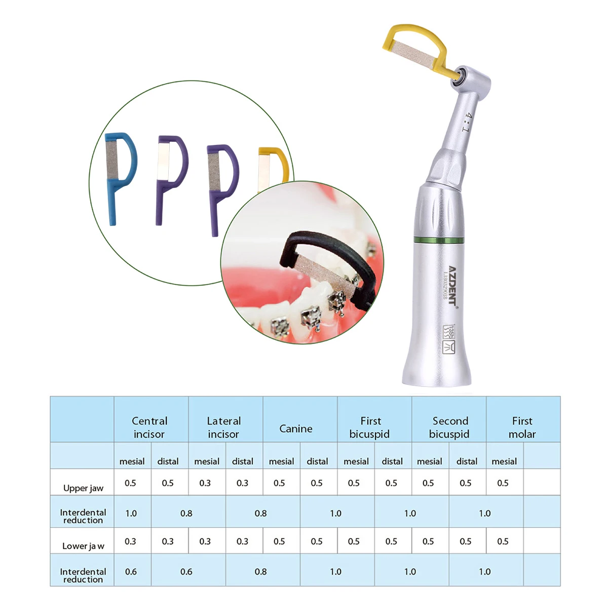 Azdent handpieces dental de baixa velocidade 4:1 redução contra ângulo reciprocating interproximal tira ipr sistema anel verde