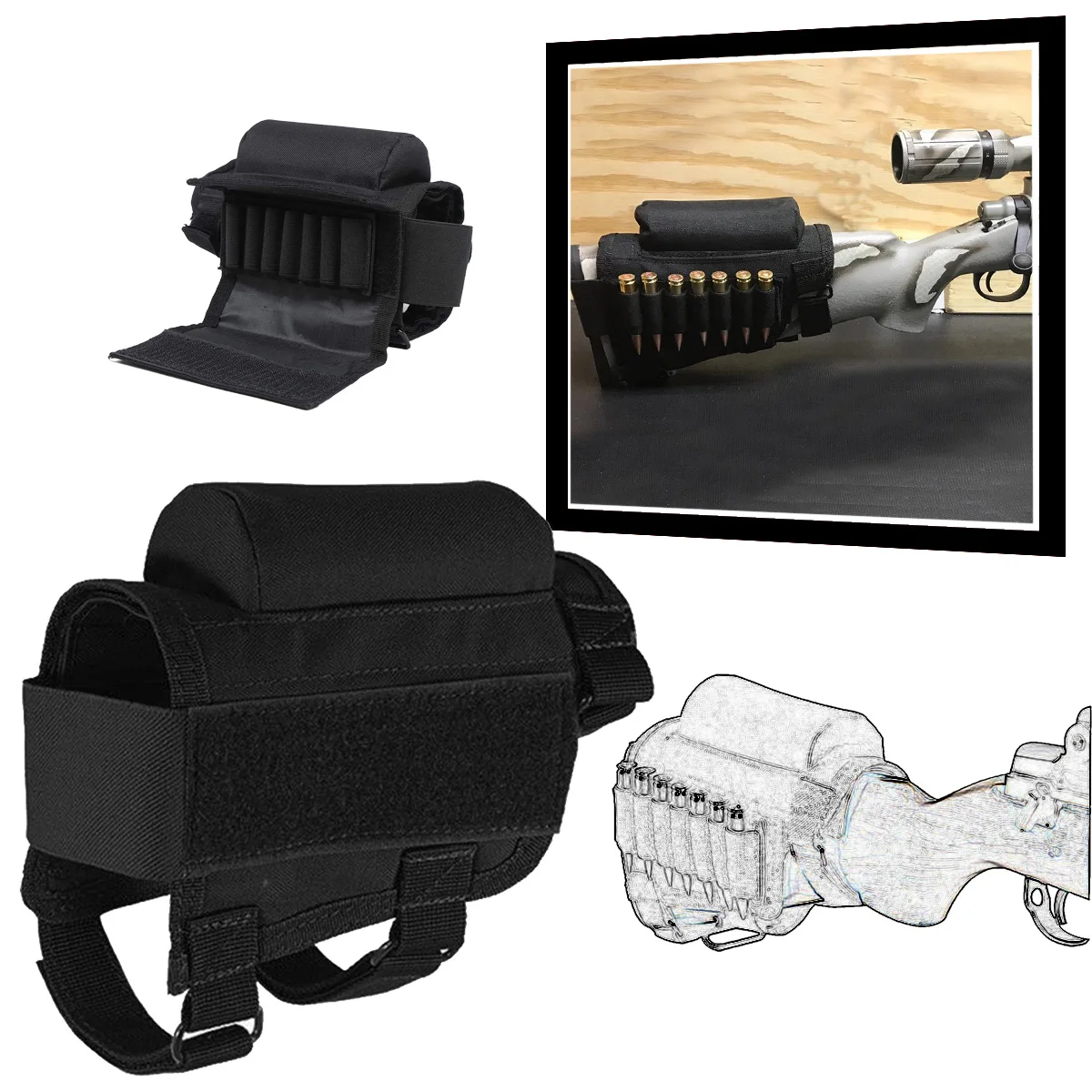 

Tactical Rifle Buttstock Cheek Riser, Airsoft Hunting Shooting Cheek Rest Pad Ammo Pouch with 7 Shells Holder for 300 308 Winmag