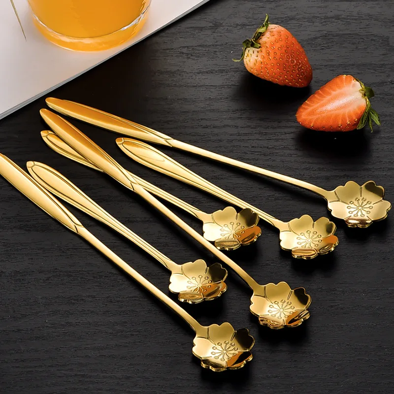 4Pcs Small Flower Teaspoons Set Long Coffee Spoon Cute Ice Cream Dessert Spoon Golden Cutlery Silver Stainless Steel Tableware