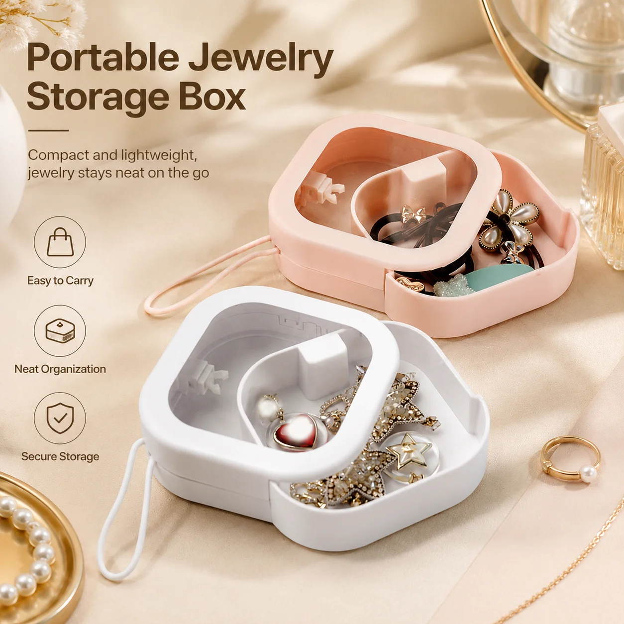 Portable Mini Jewelry Organizer Box Hair Tie Container Clear Window Small Travel Push Pull Hair Bands Storage Case With Lanyard