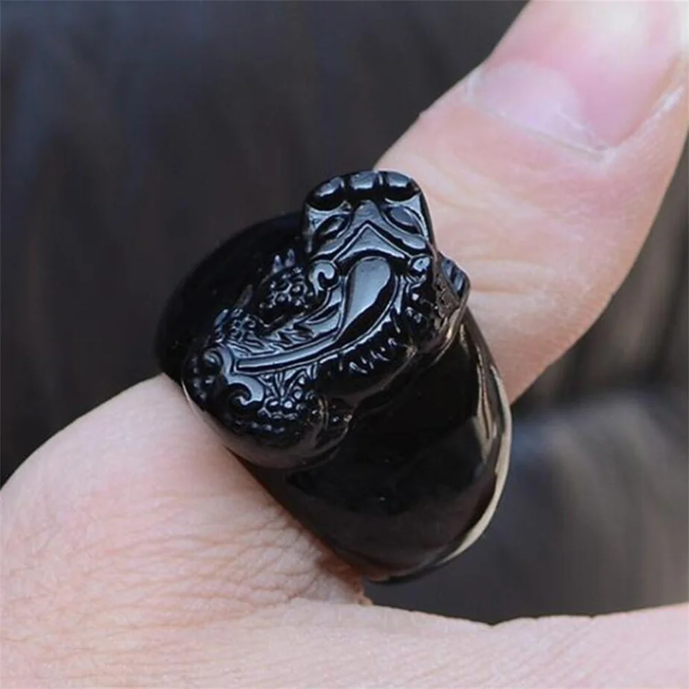 Retro Natural Black Obsidian Carved Chinese Amulet PiXiu Lucky Thumb Ring Vintage Man\'s Rings Luxury Jewelry Gifts 19-22mm