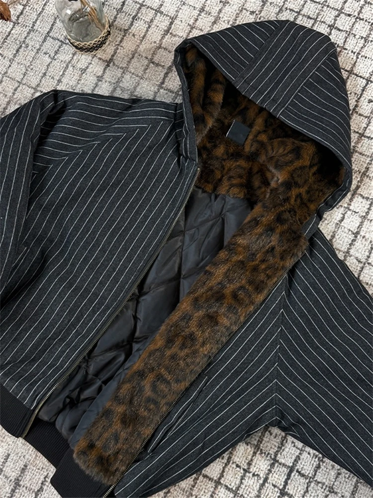 Women's Denim Stripes Leopard Fur Cotton Jacket Long Sleeves Oversize Coat Warm Thicken Outerwear Vintage 2000s Clothes