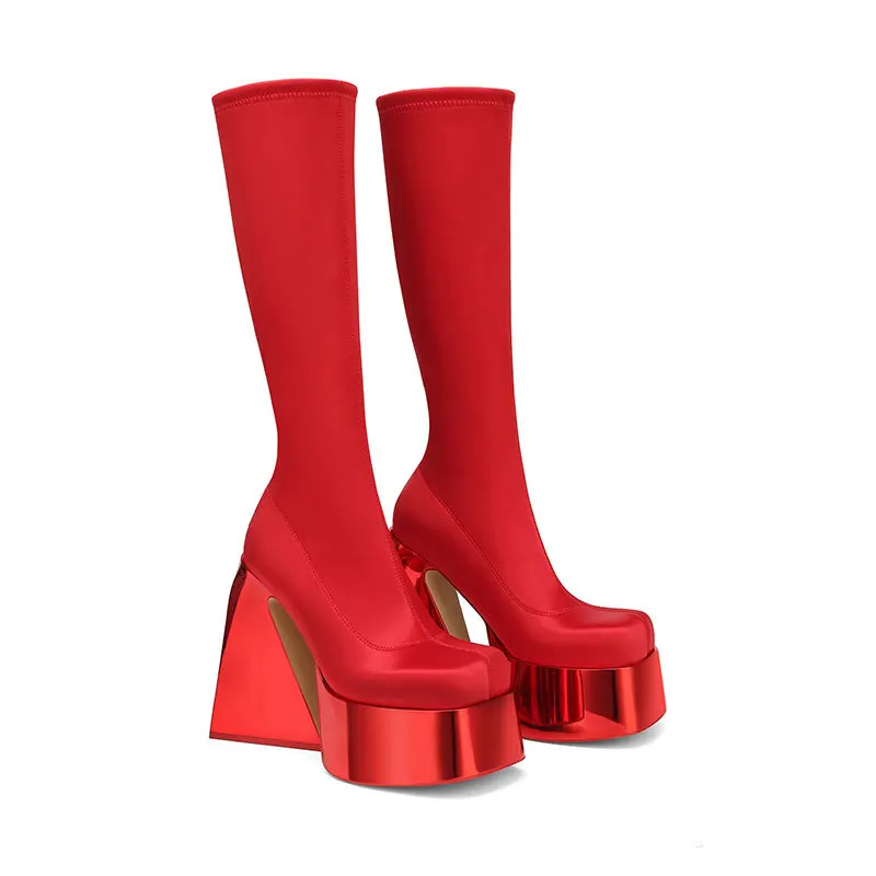 Silver Red Color Waterproof Platform Boots Ultra High Heel Square Head Fashion Women's Boots Steel Pipe Dance Stage Boots 35-43