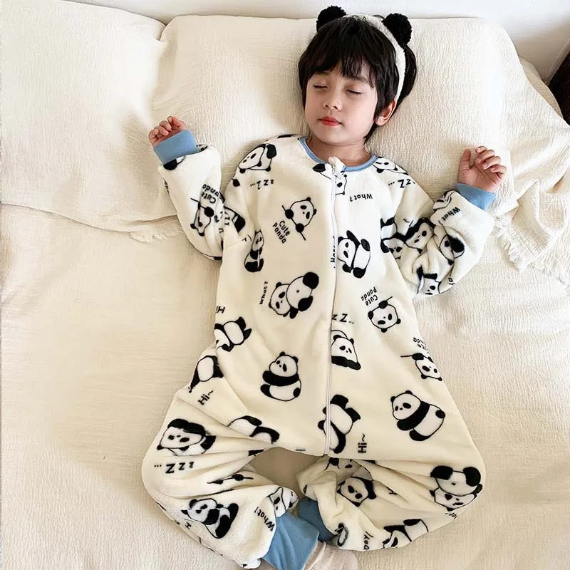 Winter Kids Onesie Pajamas Children Sleepwear Cartoon Dinosaur Panda Warm Plush Kid Jumpsuit for Boy Girl Nightwear Clothes 4-6Y