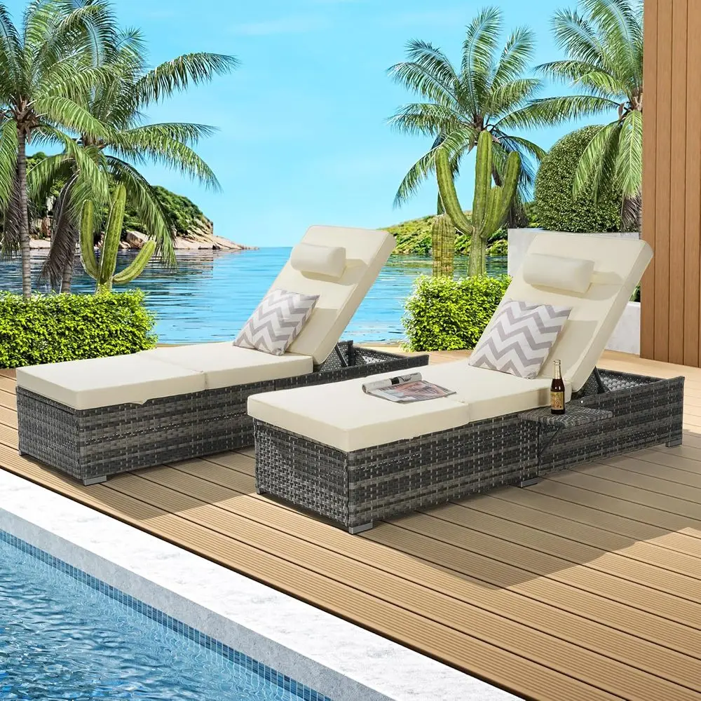 

2-Piece Wicker Pool Lounge Chairs with Adjustable Backrest for Tanning and Outdoor Relaxation (Brown, Beige)