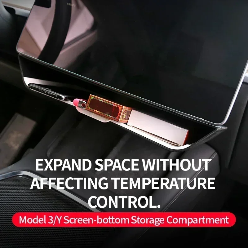 Caja de almacenamiento debajo de la pantalla para Tesla Model 3 Y, organizador de doble capa para consola central, TPE + ABS, accesorios para coche,