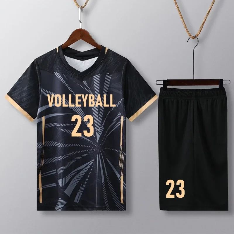 

Short Sleeve Volleyball Jersey Set Men Volleyball Uniform V-neck Shirt Double Pockets Shorts Kit Volleyball Training Suit Custom