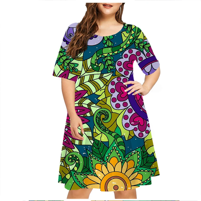 6XL Plus Size Dresses Women Abstract Painted Print Dress Summer Vintage Pattern Short Sleeve A-Line Dress Casual Party Sundress