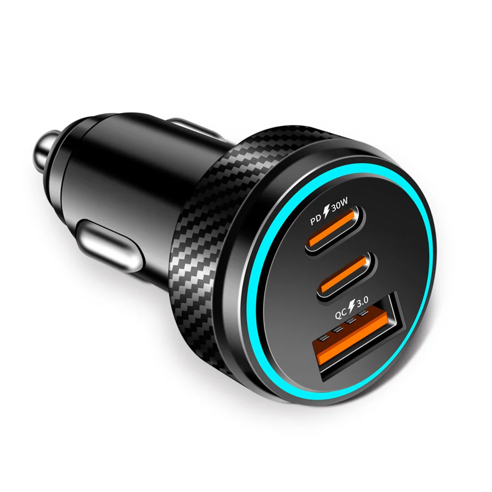 PD 30W Fast Charging Car Adapter 2x USB C + 1x USB A with Digital Display Aluminum Body 12V 24V for Mobile Devices