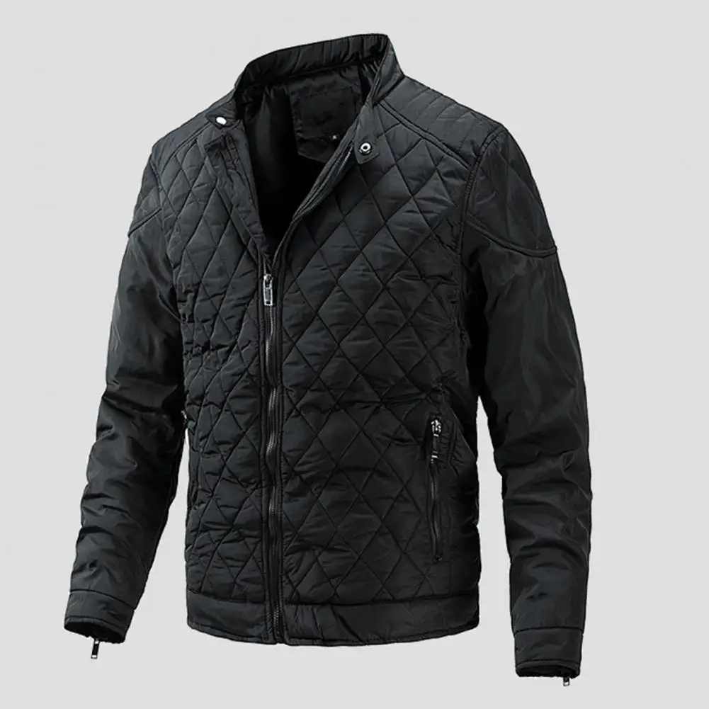 

Regular Fit Coat Men's Quilted Stand Collar Cotton Coat with Zipper Pockets Windproof Outwear Jacket Coat for Winter Warmth