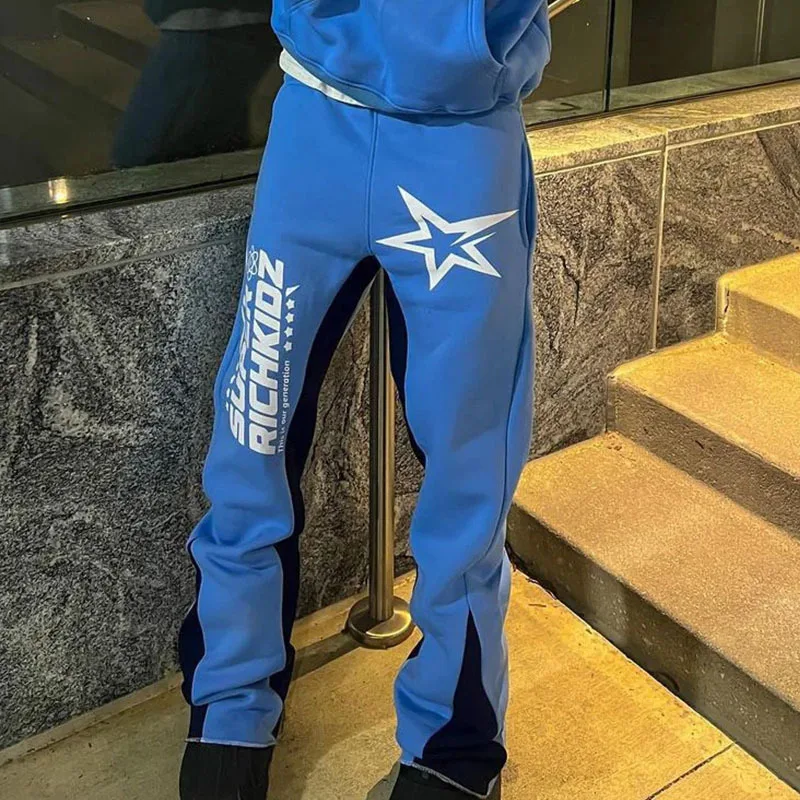 Calças casuais masculinas de perna reta, calças soltas com estampa de letras americanas retrô streetwear