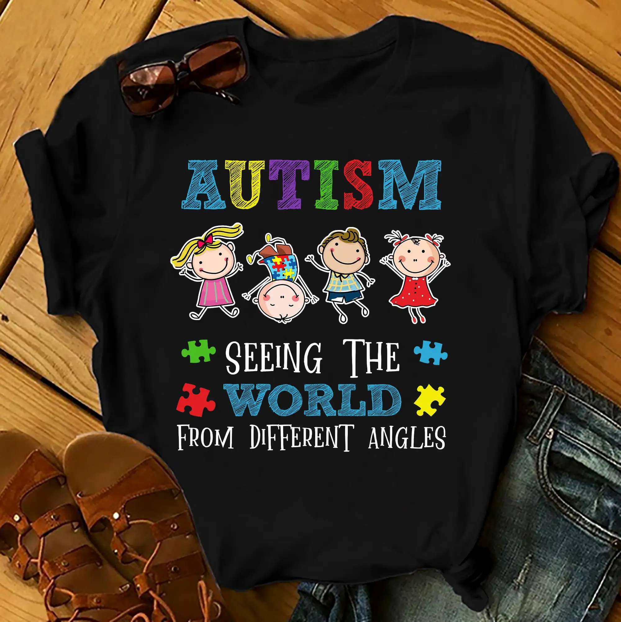 Seeing The World From Different Angles - Autism Awereness T-Shirts Men Woman Birthday T Shirts Summer Tops Beach T Shirts Xs-5Xl