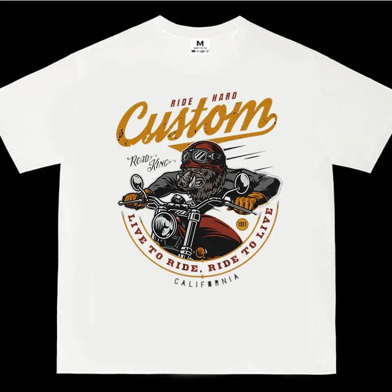 

European and American Trend Retro Street Tide Brand Locomotive Tough Guy Harley Motorcycle Cotton Printed T-shirt