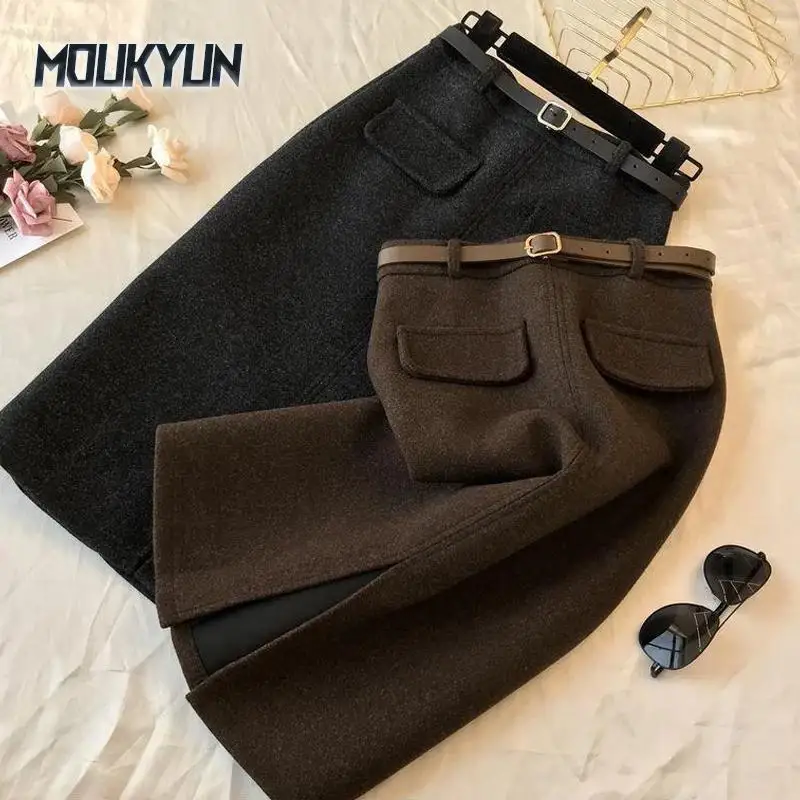 

Woolen Skirts Winter Female Long Korean Version of the All-Matching Slim Fit Slimming Slit Hip Skirt Mujer Faldas