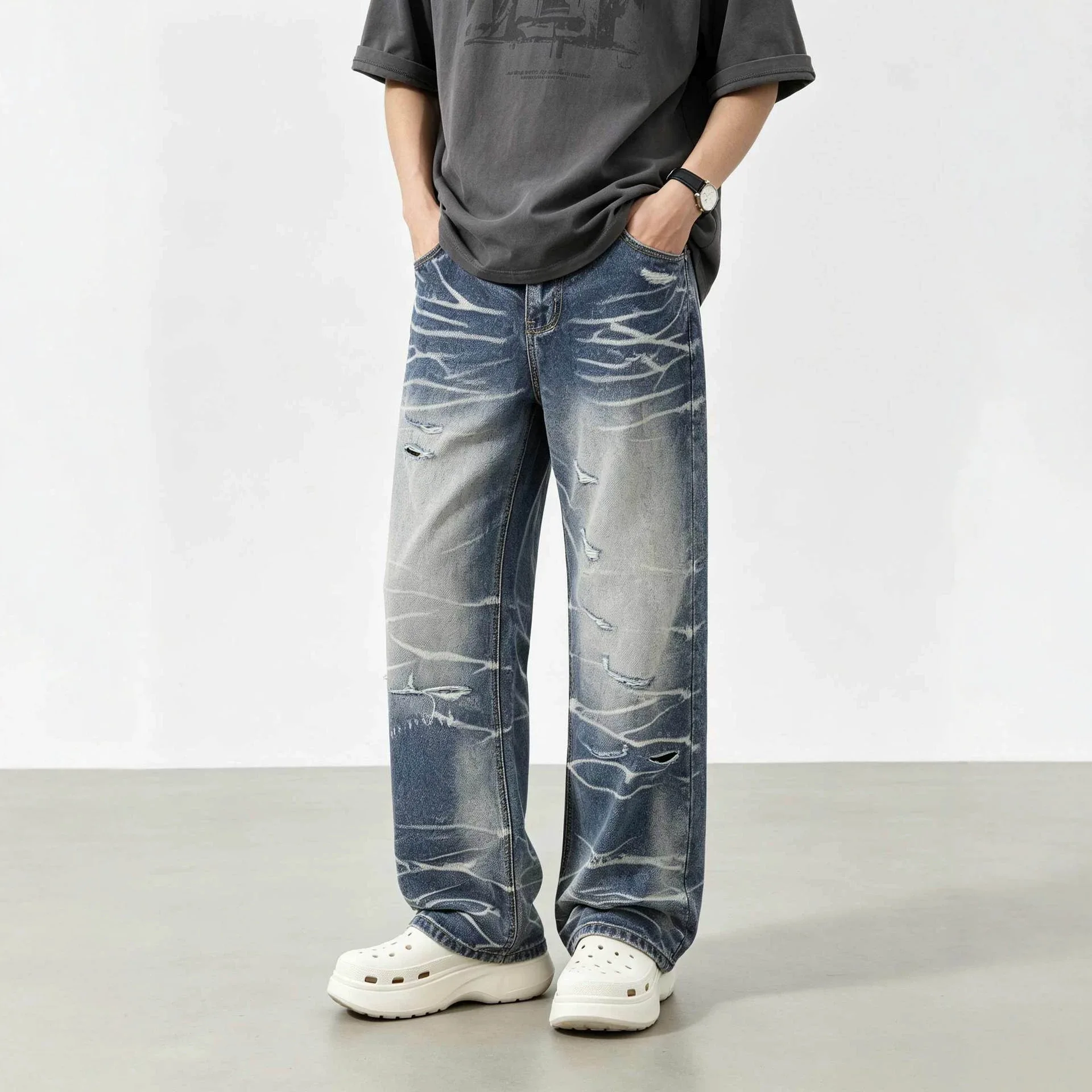 American High Street Style New Fashion Vintage Men Wide Leg Flared Floor Length Jeans Pants Male Simple Basic Casual Daily Jeans