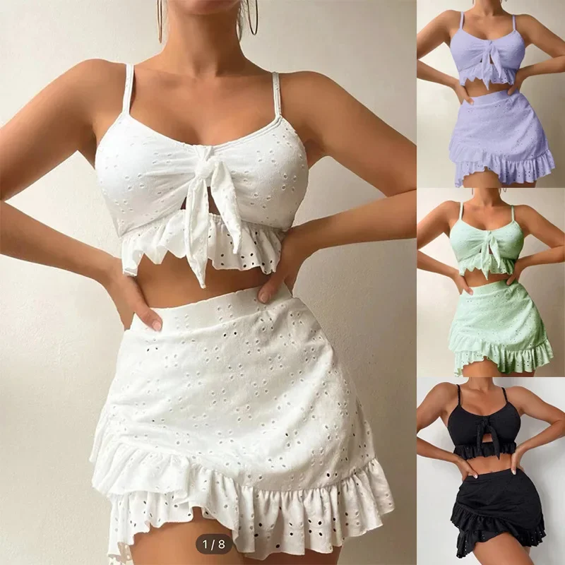 

2024 3pack Swimwear Women Bikini Swimsuit With Beach Skirt Knot Bathing Suit Beachwear Ruffle Two-Pieces Bikini Set Biquini