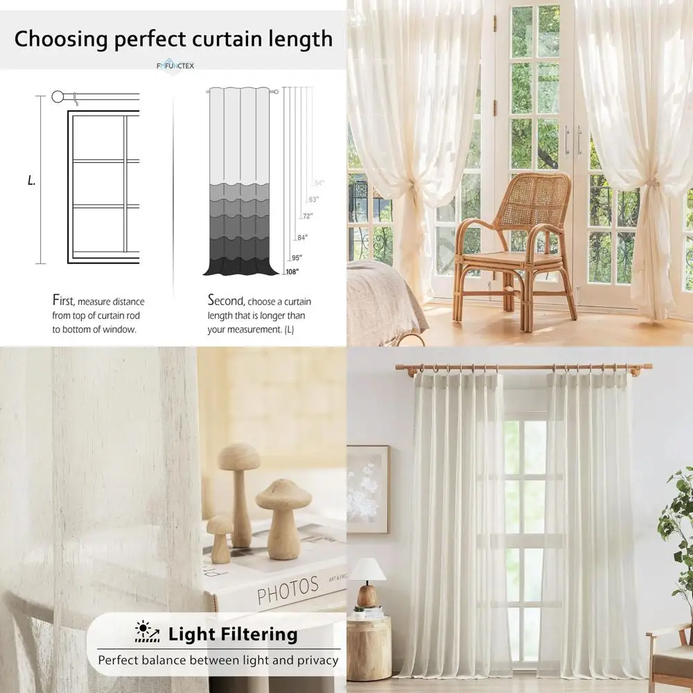 

Linen Beige Sheer Pinch Pleat Curtains, 108 Long for Living Room, Natural Light Filtering Panels for Bedroom, Farmhouse Style Dr