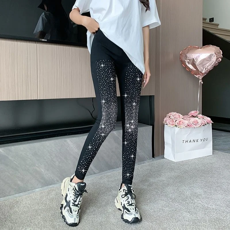 Outono inverno feminino diamantes lantejoulas preto festa clube leggings alta elástico magro calças quentes