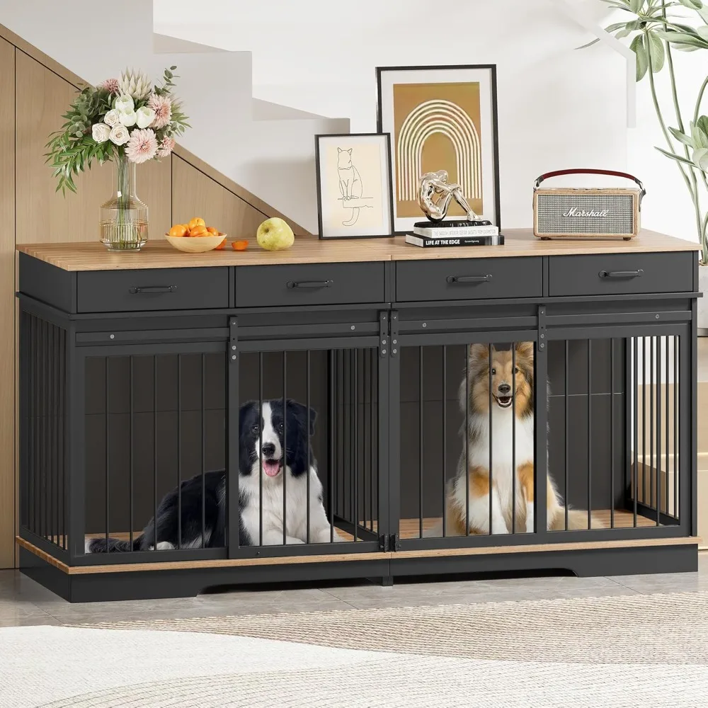 

71" Double Dog Crate Furniture for 2 Dogs, All Steel Frame Dog Kennel Furniture with 4 Drawer and Sliding Barn Door