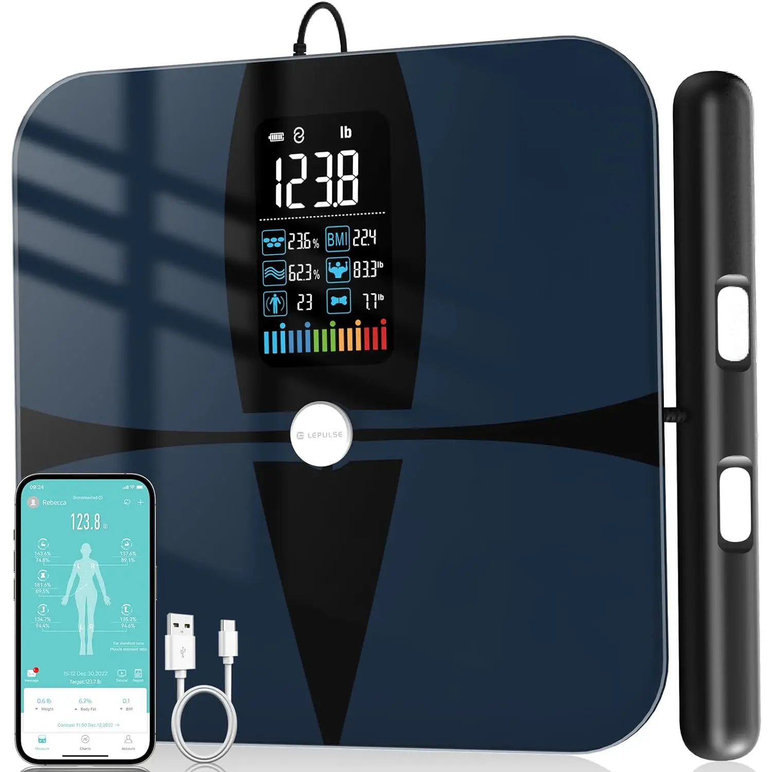 Weight and fat scale, 8-electrode intelligent body fat scale, large screen BMI digital weight scale, with report analyzer