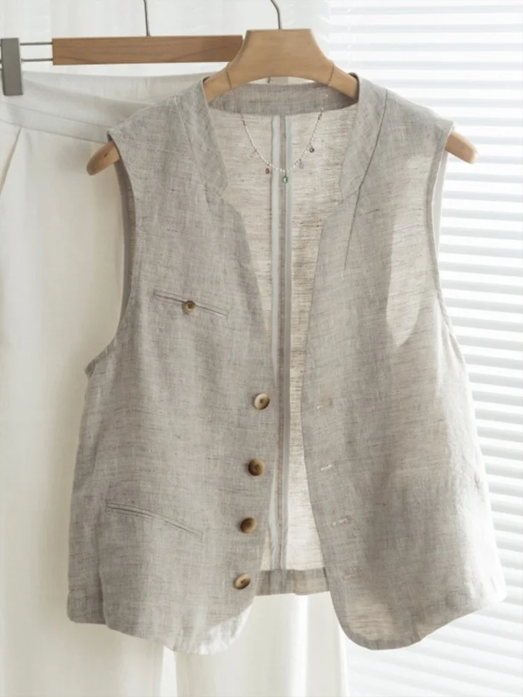 

Linen V-neck Vest Women's Style Summer Thin Fashionable Cotton Linen Jacket Top Button Short Pure Color Business Casual