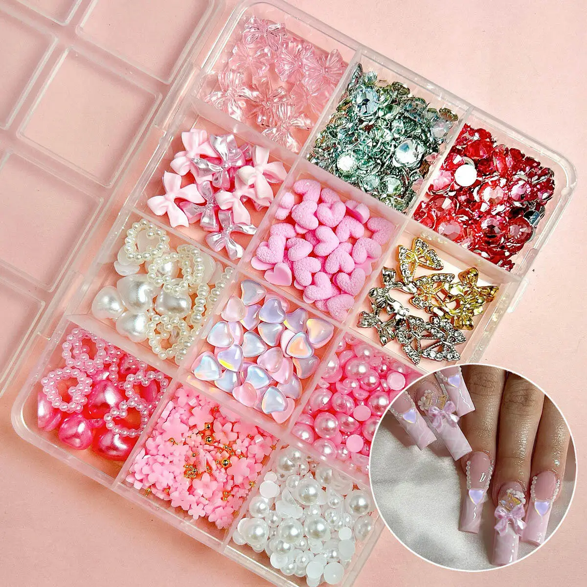 

1 Box Pink White Resin Bow Heart Nail Art Decoration Mini Pearl Rhinestone Flower Nail Charms Handmade DIY Crafts Accessories