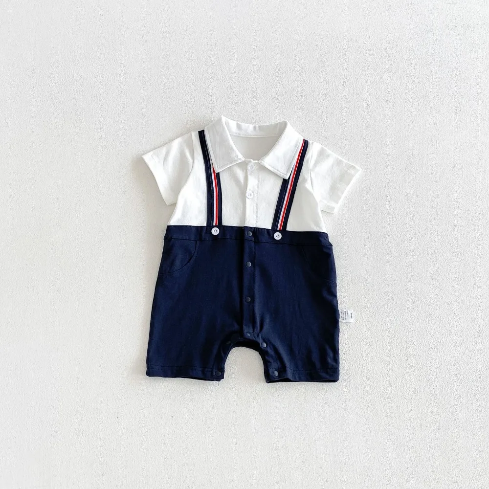 2026 Summer Baby Girl Romper 0-2Years Little Gentleman Short Sleeve Turn Down Collar Cotton Jumpsuit Birthday Party Clothes