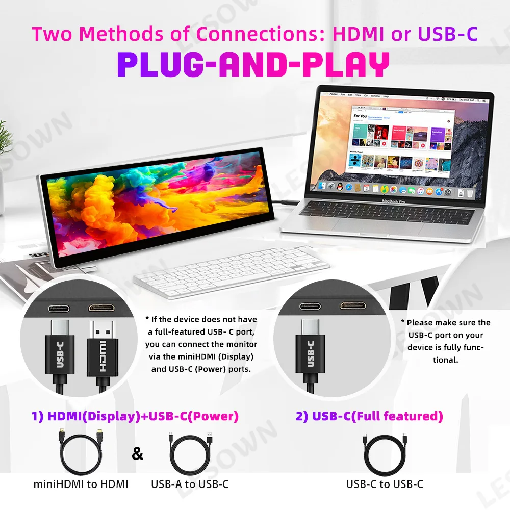 LESOWN 14,5 pulgadas 2560x720 Monitor táctil portátil de barra larga USB C HDMI 2,5 K 1500:1 PC portátil pantalla auxiliar para ordenador de ventana