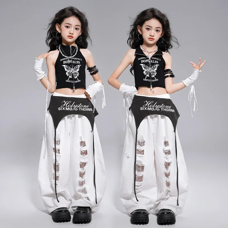 

Kid Kpop Hip Hop Clothing Black Butterfly Zip Up Crop Tank Top White Casual Distressed Pants for Girl Jazz Dance Costume Clothes