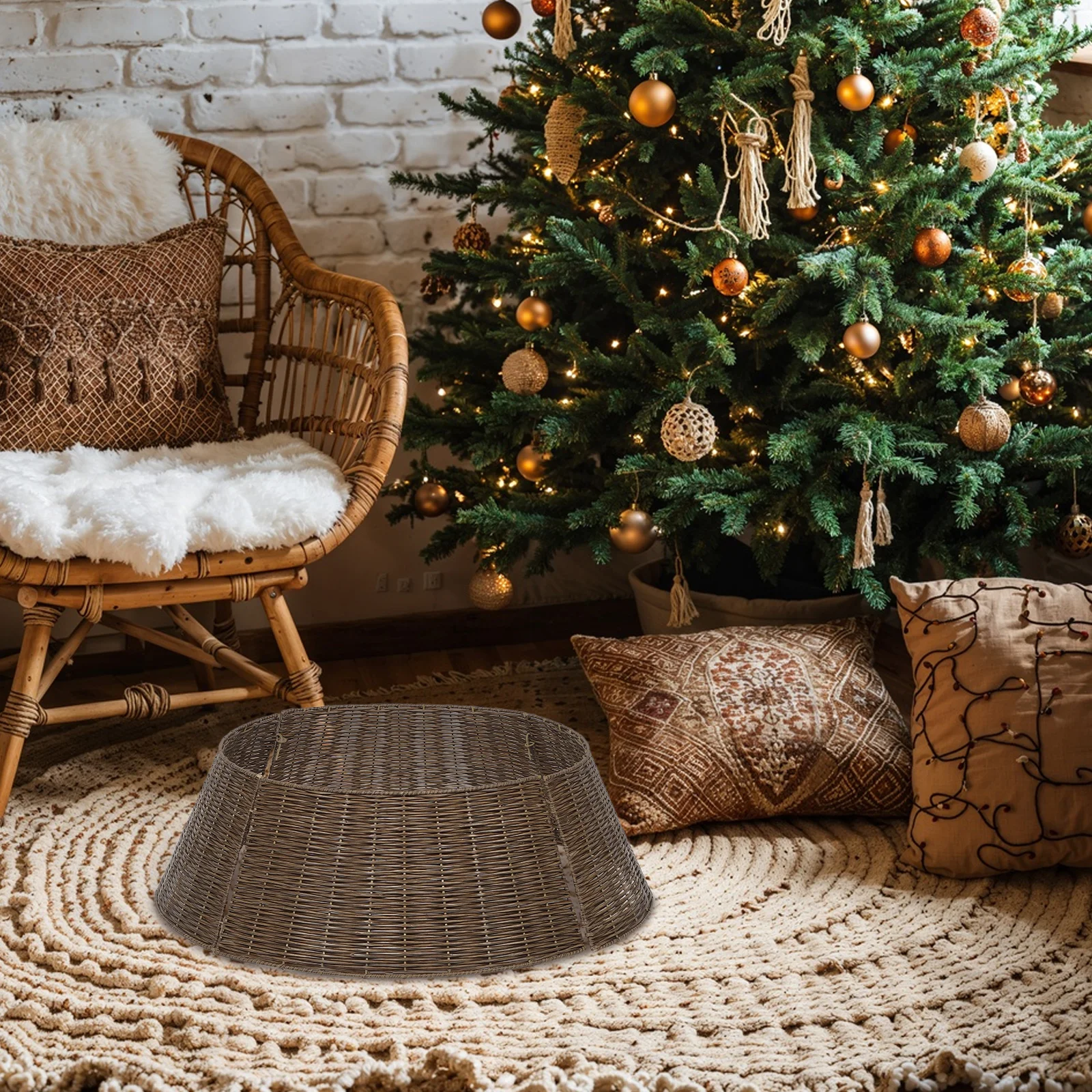 

65Cm Christmas Tree Collar Round Woven Ring Brown Farmhouse Base Cover Decorative Skirt Alternative Holiday Display