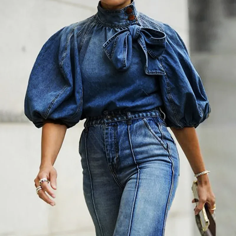 Women Denim Tops Turtleneck Splice Puff Sleeve Shirts Loose Irregular Top Solid Pullovers Casual Streetwear Autumn 2024