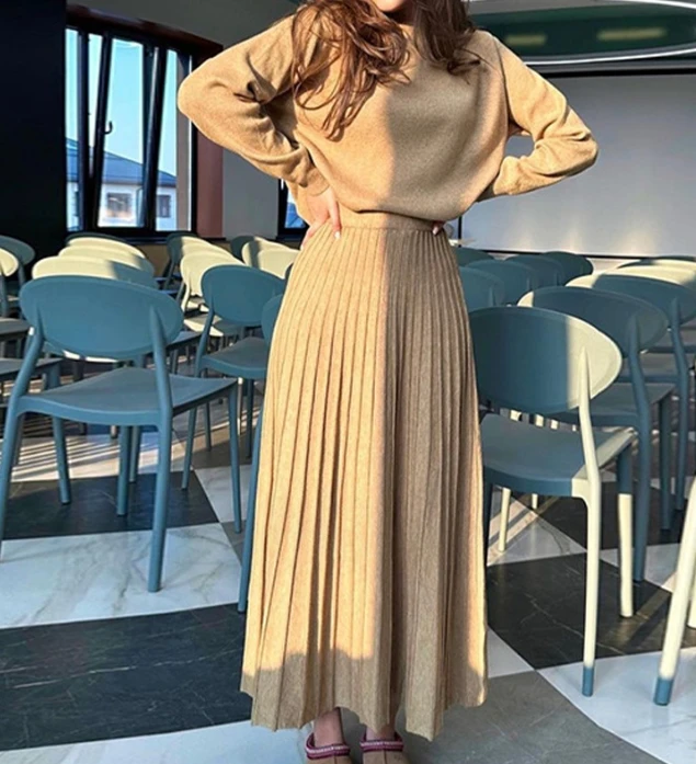 Two Piece Set for Women 2024 Retro Style Elegant Round Neck Long Sleeved Pullover Top and High Waisted Pleated Long Skirt Set