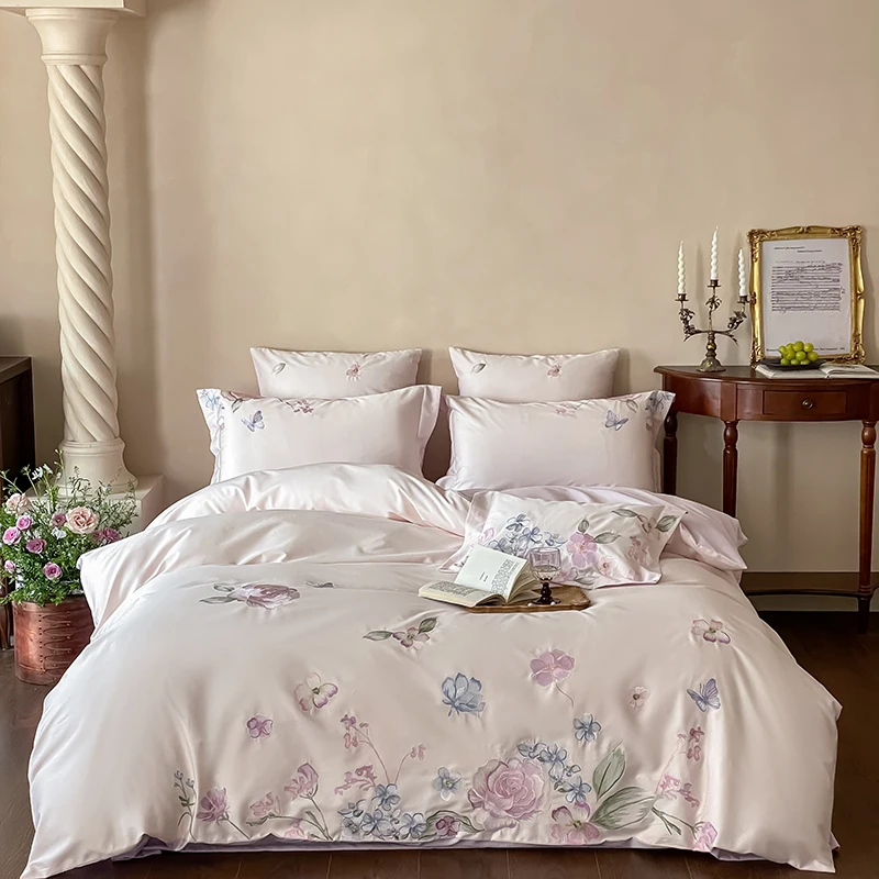 

100% Cotton Flowers Embroidery Luxury Bedding Set Double Queen King Size Duvet Cover Set Flat/Fitted Bed Sheet Pillowcases 4Pcs