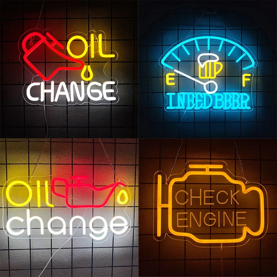 

Используется для автомобильных мастерских, гаражей, декора стен из мужских пещер, масляного счетчика, светодиодная значка для заправки ручной работы, неоновая вывеска на тему технического обслуживания автомобиля.