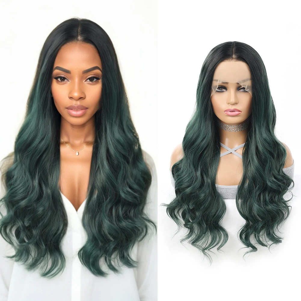 

Синтетический парик фронта шнурка Omber Green Grey Предварительно выщипанный 13x4 HD Объемная волна Парик фронтальной части шнурка для чернокожих женщин Парик шнурка 26 дюймов