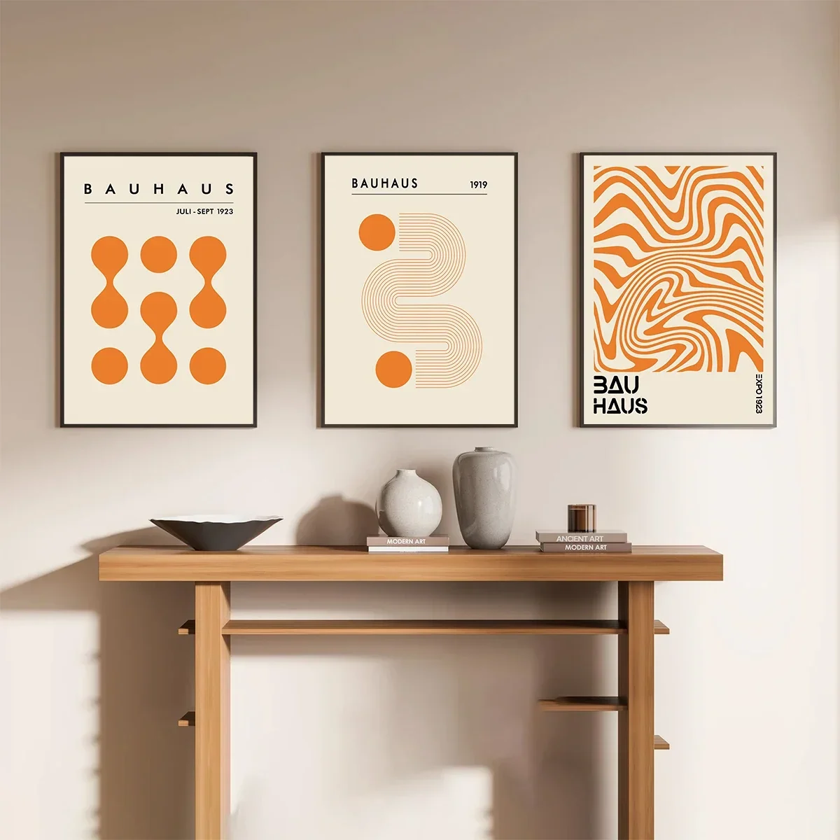 3PCS Unframed Orange Bauhaus Art Print Canvas Painting Abstract Minimalist Geometric Exhibition Poster Wall Art Home Decor