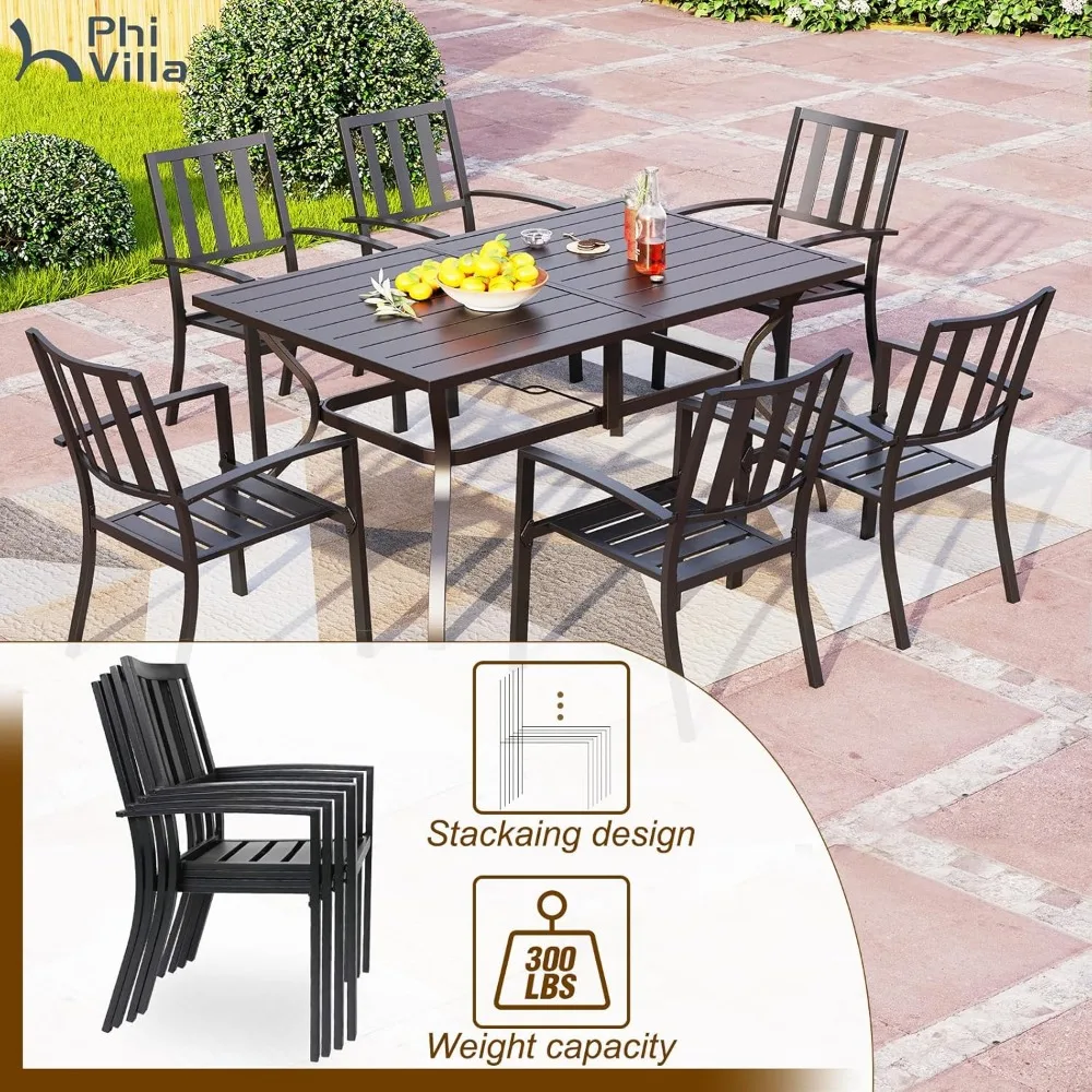 

7 Piece Outdoor Dining Set for 6, 60”Rectangular Metal Steel Dining Table with Umbrella Hole & Stackable Dining Chairs for Patio