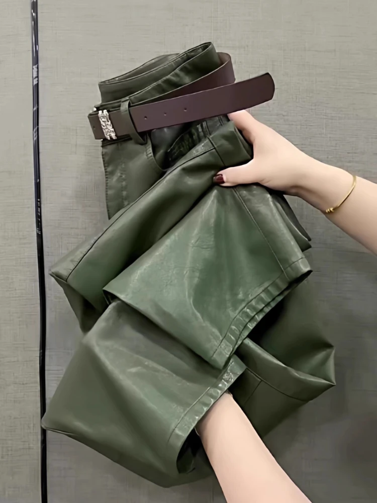 

Женские кожаные брюки осень/зима, модные повседневные брюки из искусственной кожи с высокой талией Y2k, 2026, новые свободные укороченные прямые брюки больших размеров