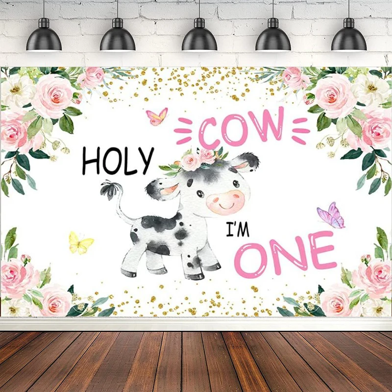 

Photography Backdrop For Girl Cow I'm One Background Pink Farm Animals Happy Holy Cow 1st First Birthday Newborn Pary Decoration