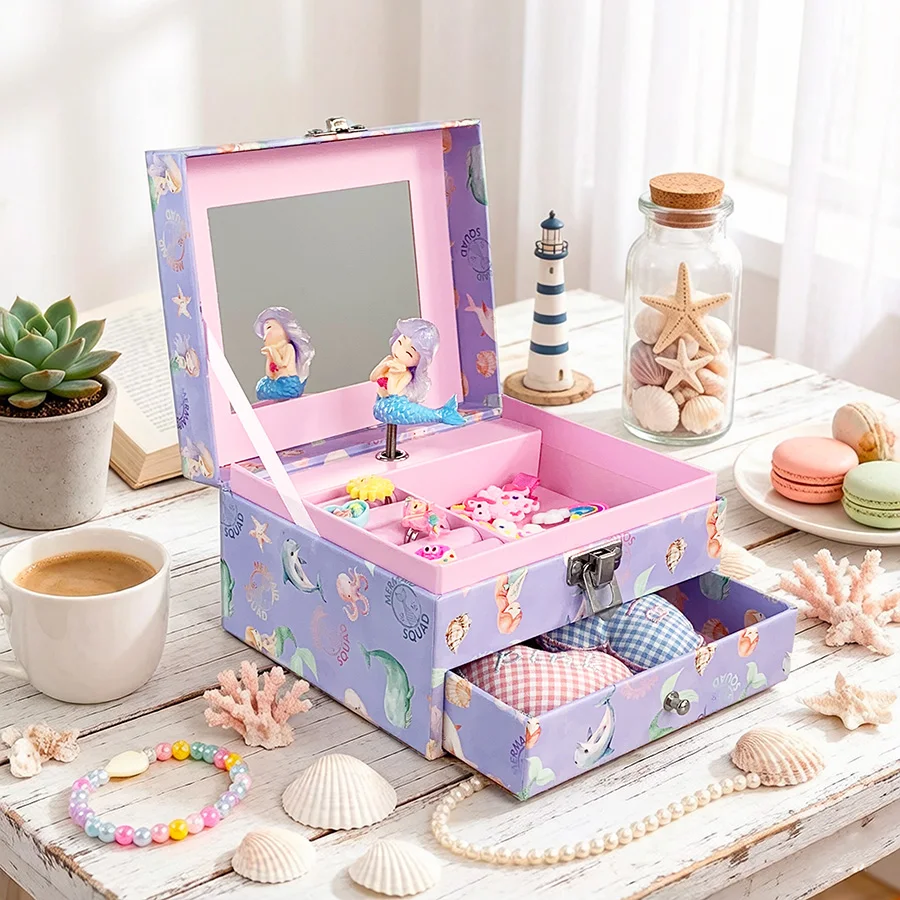 Hot New Arrival Purple Mermaid Musical Jewelry Box Dual Use Music Box & Trinket Storage Rotating Mermaid Doll Mirror Drawer Lock