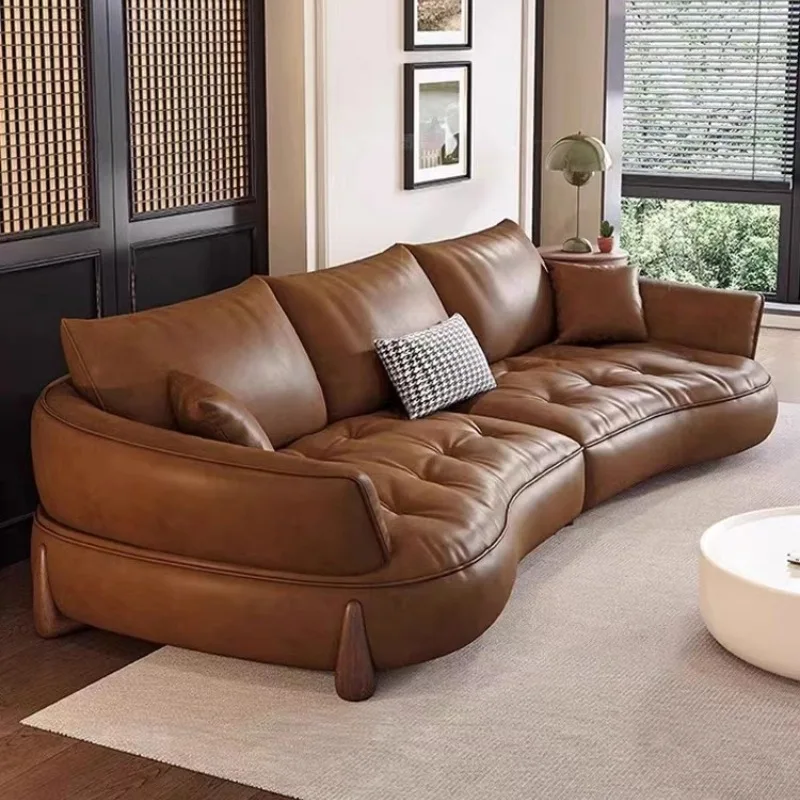 

Light luxury medieval leather sofa retro living room corner special-shaped multi-person