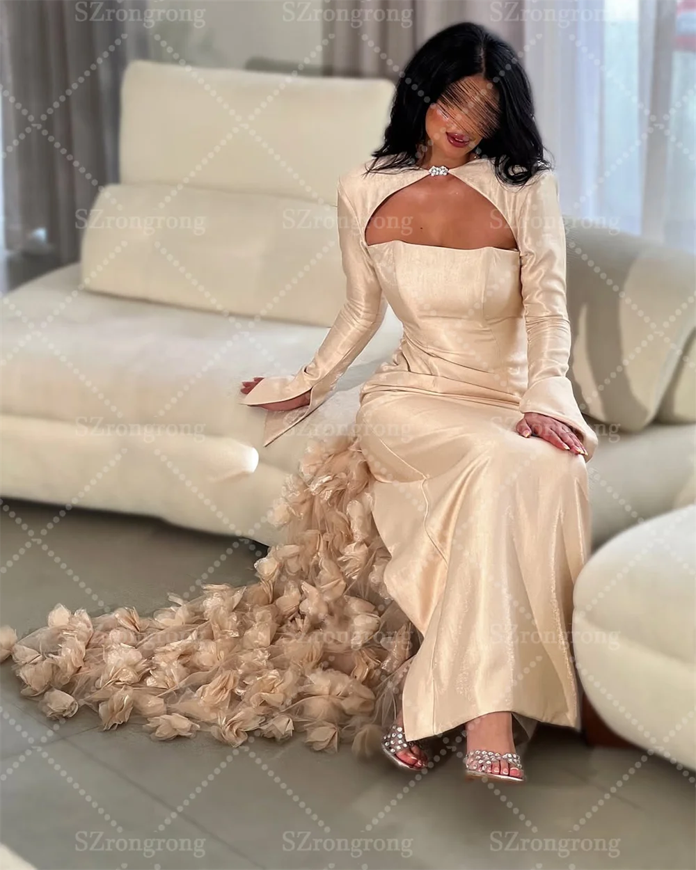 Vestido árabe saudí sin espalda con flores 3D y cuello barco de Jersey hecho a medida vestido de fiesta de noche hasta el suelo con tren