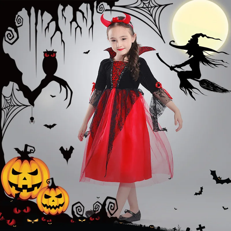 

2025 Halloween Girls Cosplay Gothic Vampire Red Long Sleeve Horror Cute Classic Dress Set Children's Nostalgic Style Type Dress