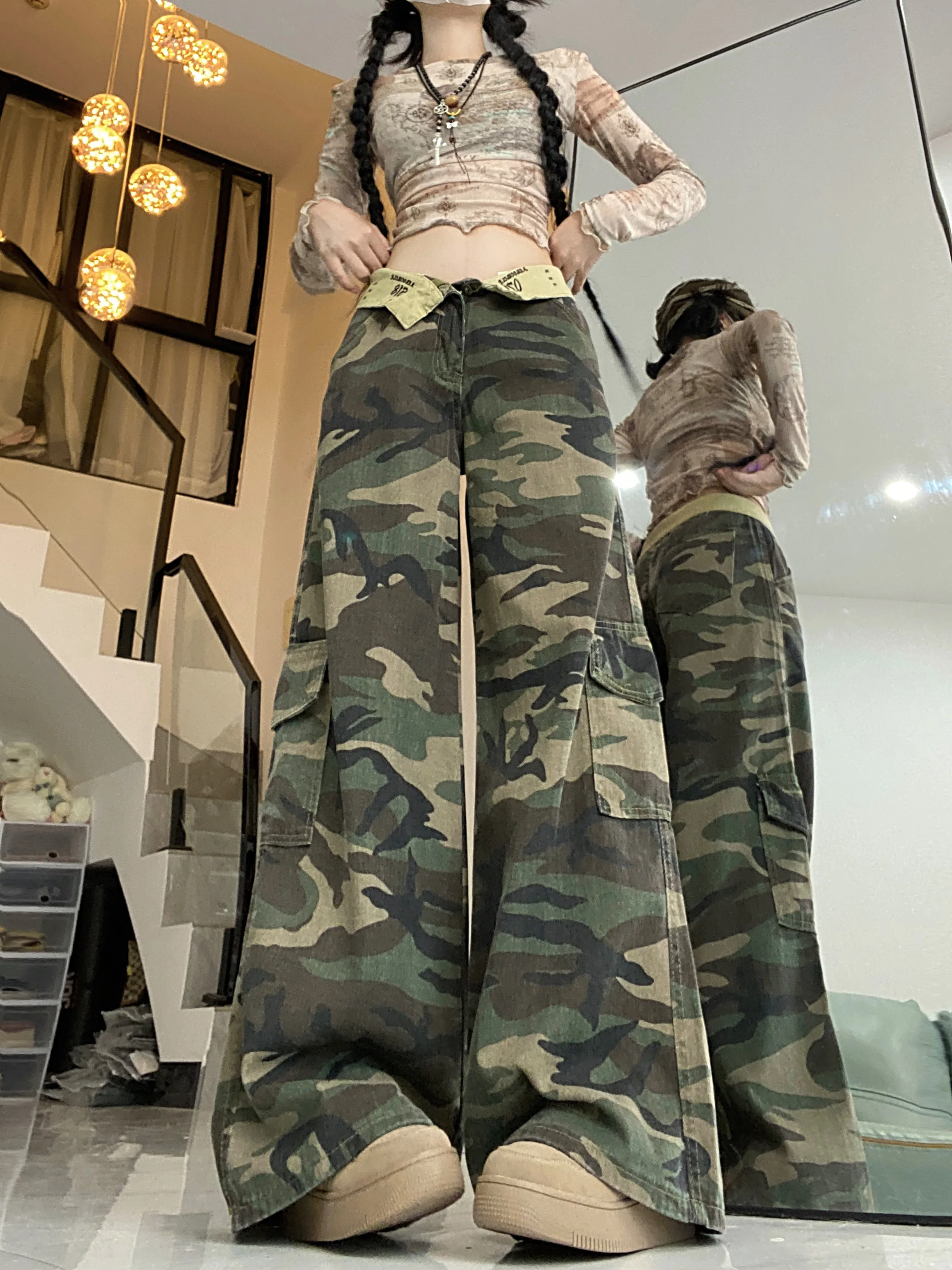 وزرة ملابس الدوبامين التمويه تغطي اللحم الأوروبية والأمريكية عالية الشارع تصميم مكبل السراويل المستقيمة