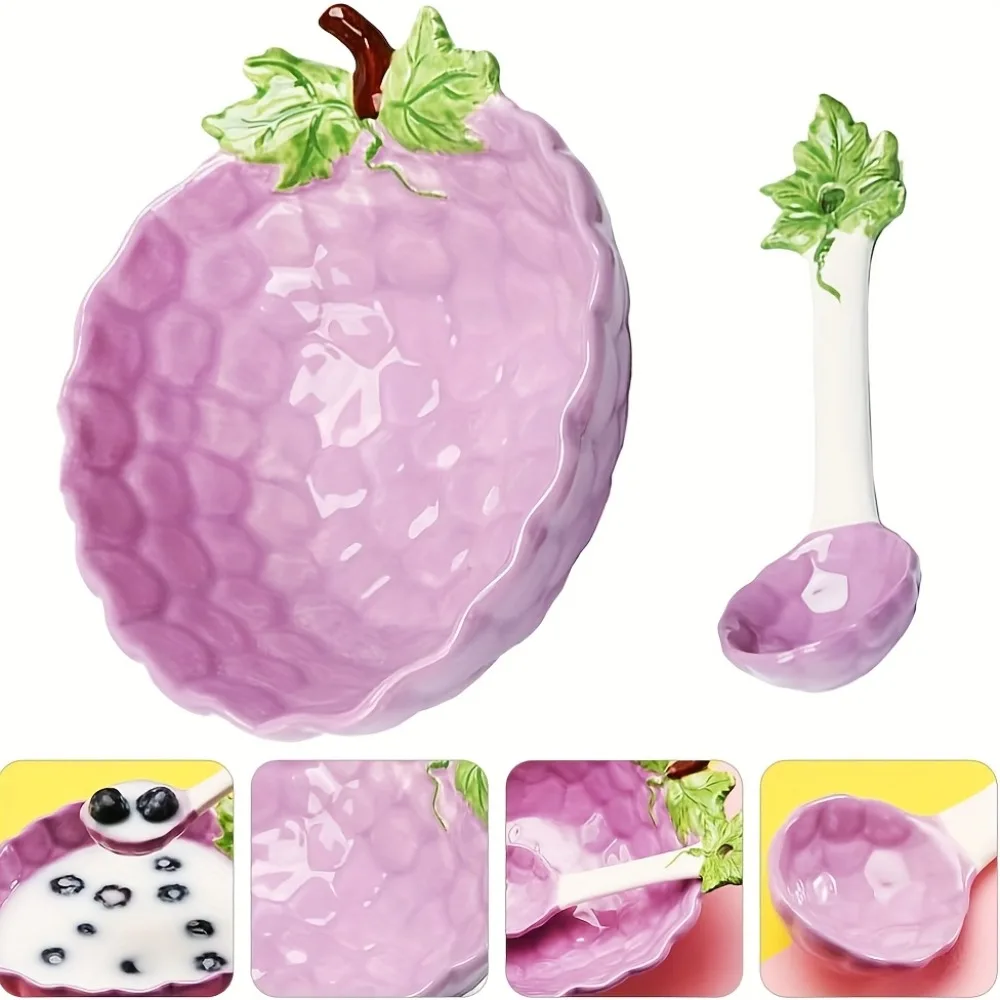 Grape-Shaped Ceramic Bowl with Spoon Cute Small Salad Bowl Decorative Fruit Bowl Dessert Bowl Perfect for Pasta Snacks Party
