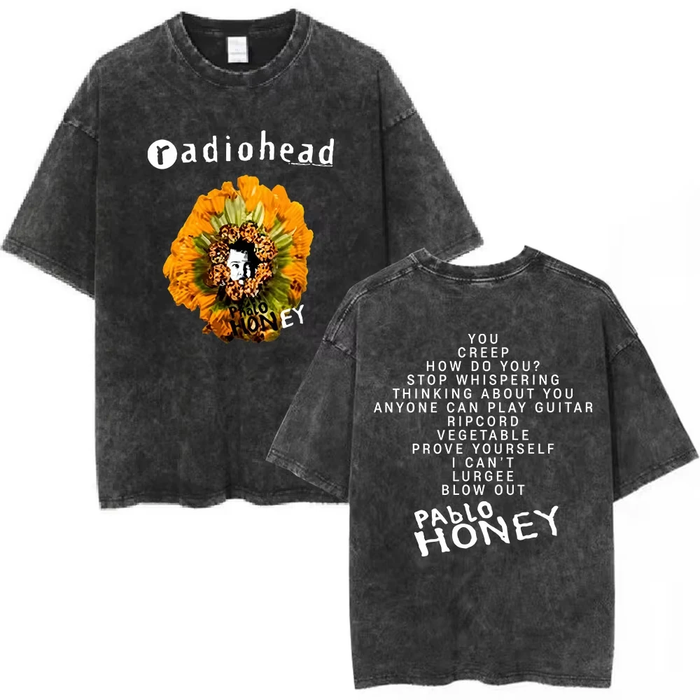 Summer Hot Sale Vintage Washed Rock Band Radiohead Pablo Honey Tour T Shirts Unisex Hip Hop Gothic T-shirt Harajuku Punk T-shirt