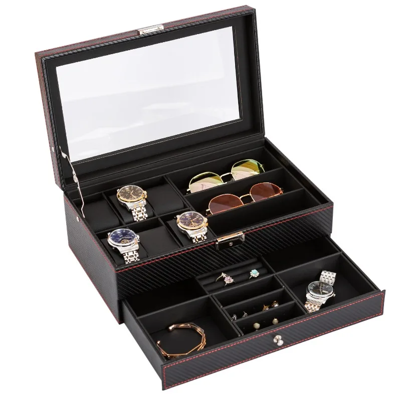 lennik-carbon-fiber-pu-leather-double-layer-12-position-watch-jewelry-box-watch-box